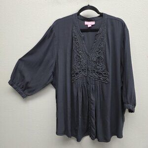 Woman Within Shirt Womens 3X 30/32 Gray Crochet Lace V Neck Boho Tunic Top